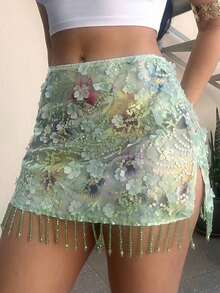 Y2K Music Festival Concert Party Elegant Sequined Tassel Hem Beach Skirt For Women - Màu xanh Bạc hà - Xem 3
