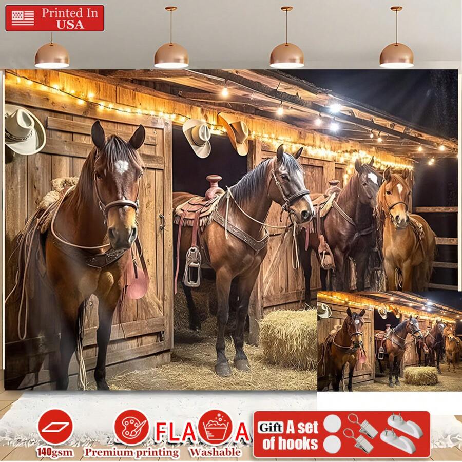 Large Western Horse Theme Party Banner With Brown Horses, Saddles, Cowboy Hats & String Lights - Wooden Stable Wall Decor For Weddings, Birthdays, Baptisms, Photo Booth Background - Western Decoration For Home, 2D Flat Tapestry, Local Printed Textile Wall Decor Garden Flag, Polyester Tapestry Decorative Wall Hanging, Room Banner, Wall Banner, For College Dorm Decor, Outdoors, Parties, Festival Gifts Birthday Graduation Room Decor Home Decor Wall Decor Bedroom Decor Wall Art Poster Home Decor Living Room Tapestry For Room Wall Tapestry Room Decoration Stuff Gifts Suitable For Party Daily Holiday Anniversary Party Valentine'S Day Wedding Anniversary Easter Mother'S Day Graduation Father'S Day Birthdays Anniversaries Thanksgiving, Christmas, Halloween, New Year'S, Tea Room, Bedroom, Living Room, Indoor Home, Outdoor Flag Wall Tapestry - 彩色 - 查看 1