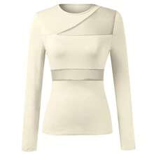 Camiseta de Manga Larga para Mujer, Color Beige, con Panel Transparente, Cuello Redondo, Corte Ajustado, Elegante y Chic para Primavera/Verano, Ideal para el Día a Día, Citas o Uso Casual - Albaricoque - Ver 5