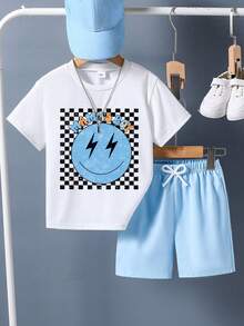 Toddler Cartoon Print Short Sleeve T-Shirt And Shorts Summer Outfit - Blue - View 1