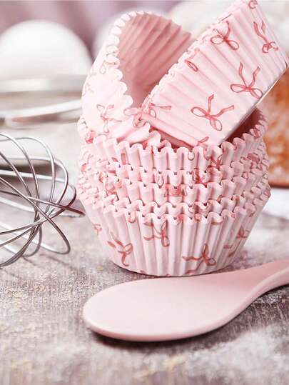 100 piezas Envolturas de magdalenas con lazo rosa estilo coqueto, Tazas de hornear, Soportes estándar para magdalenas para decoración de bodas, despedidas de soltera, duchas nupciales, fiestas de cumpleaños