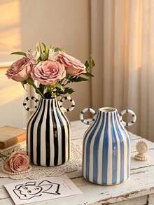 Multiple Black And White Striped Ceramic Vases, Suitable For Dining Table, Kitchen, Desk, Bookshelf, Bedroom, Aesthetic Home Decor, Modern Minimalist Bohemian Style Decorative Ceramic Vases - Stripe - View 3