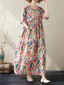 AZAH 2026 Plus Size Women's Summer Printed Long A-Line Dress, Short Batwing Sleeve Design, Round Neck, Woven Fabric, Dress Elegant Vacation Pink - Pink - View 2