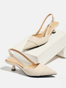 Women's Solid Color Pointed Toe Backstrap Kitten Heel Shoes, Minimalist Comfortable Slip-On Mules, Suitable For Work, Party, Date, Formal Occasions, Matches Well With Dresses, Beige - Beige - View 6