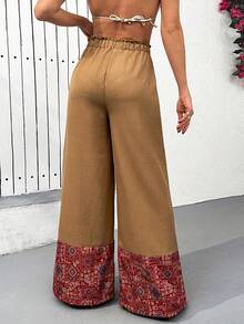 Women's Beige Wide Leg Pants – Boho Patchwork Pattern, Elastic Waist, Loose Fit, Lightweight Fabric, Two Front Pockets - Beige - View 2