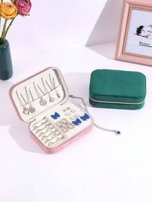 1pc Velvet Jewelry Box With Zipper, Large Capacity Jewelry Storage Box With 2 Removable Dividers, Earrings Rings Bracelets Necklaces Accessories Display Case, Ideal Gift For Girlfriend, Friend, Girl, Mother's Day - Multicolor - View 5