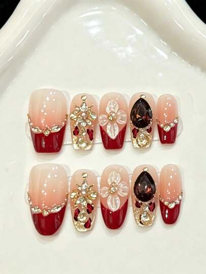 10PCS Short Coffin/Oval Handmade Press On Nails For Party And Daily Wear, Red Color Nails,Bestseller Red French Carved Zirconia Handmade Press On Nails,New Summer Cat Eye Nails,Shiny And Dazzling, Easy To Wear 10pcs Y2K Handmade Press On Nails,Shining Bright , Nails,Suitable For Girls And Women Festivals Parties And Daily Wear.Suitable For Spring And Summer