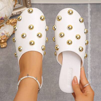 Vintage Rivet Backless Mules Women, Flat Slip-On Punk Style Sandals, Versatile Outdoor Casual Slippers, Summer Footwear