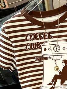 Áo thun nữ tay ngắn cổ tròn in chữ và sọc của Coffee Club Graphic, trang phục mùa hè cho nữ, màu trắng. - trắng - Xem 3