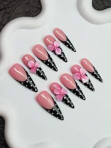10pcs Handmade Almond-Shaped Y2K Baddie Style Press-On Nails, Nude & Black Color With French Tips, Polka Dots, Studs, Engraved Designs, Suitable For Party, Wedding, Daily Wear, Includes Tool Kit, Great Gift For Women & Girls - Multicolor - View 2
