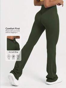 Pantalones acampanados elásticos para mujer, color verde oscuro sólido, diseño favorecedor y corte ajustado, tejido elástico y cómodo, ideal para baile, yoga, gimnasio, entrenamiento, actividades deportivas y uso diario en primavera - Marrón - Ver 9