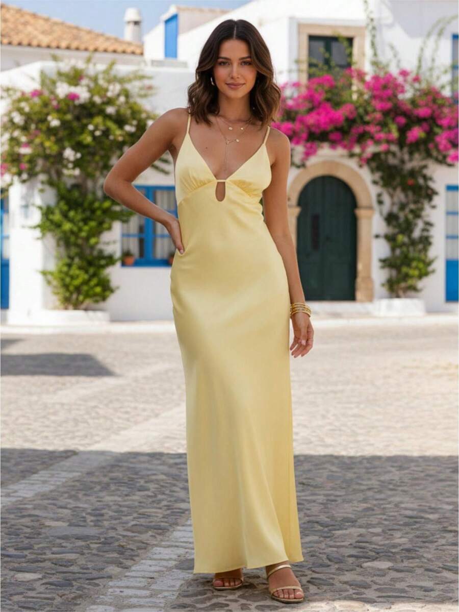 Vestido Playa Largo Elegante Mujer, Cuello V Tirantes Delgados, Vestido Verano Liso con Aberturas, Ropa Fiesta Casual para Vacaciones - Amarillo - Ver 1
