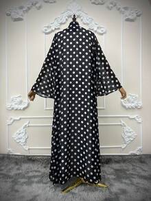 Hafizah 優雅女款波點開襟長襯衫,輕盈雪紡面料,適合夏季度假穿著,時尚飄逸設計 - 黑色 - 查看 5