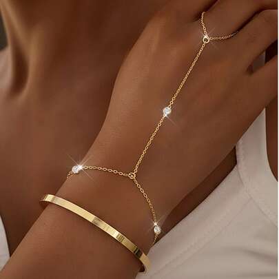 2 piezas Conjunto de pulseras de acero inoxidable para mujer, cadena de dedo enlazada + brazalete liso, cadena delicada + diseño minimalista, estilo elegante, color dorado versátil para uso diario, citas, trabajo, fiestas, accesorios
