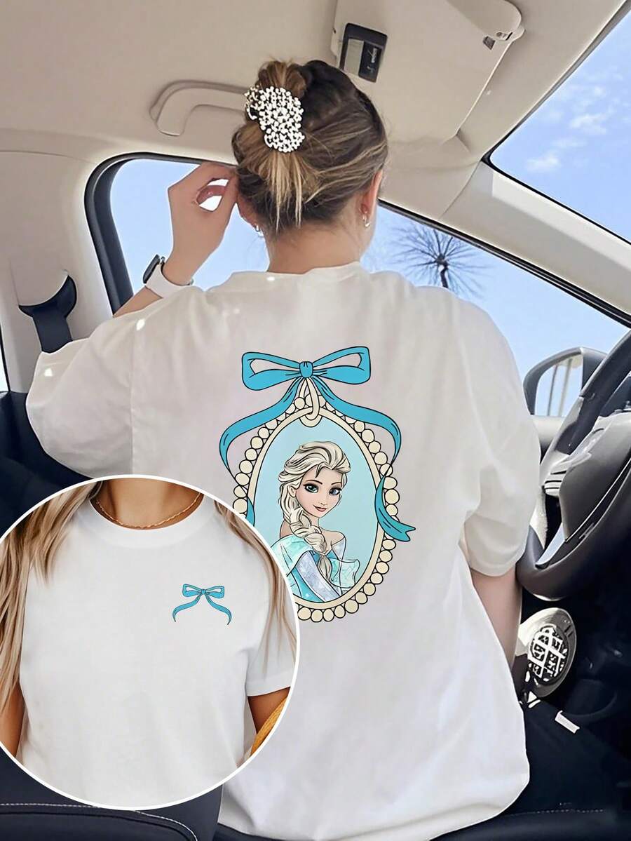 Disney Women's T-Shirt Frozen Collaboration T-Shirt Short Sleeved Women's Elsa Anna Princess Peripheral Pure Round Neck Short Sleeved - 白色 - 查看 1