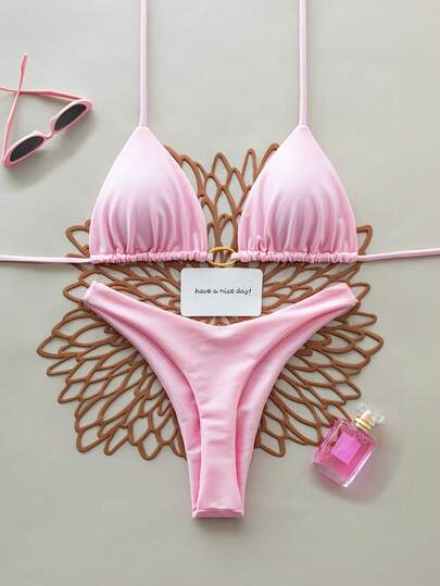 2pcs Solid Color Sexy Backless Tie-Up Bikini Swimwear, Suitable For Beach, Resort, Stage And Concert In Summer