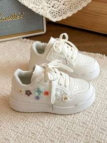 1 Pair New Children's Sports Shoes, Comfortable Breathable Floral Fashion Casual Shoes For Older Kids, Suitable For Outdoor Sports, Running, Travel, And Daily Wear, Spring/Autumn - Beige - View 1