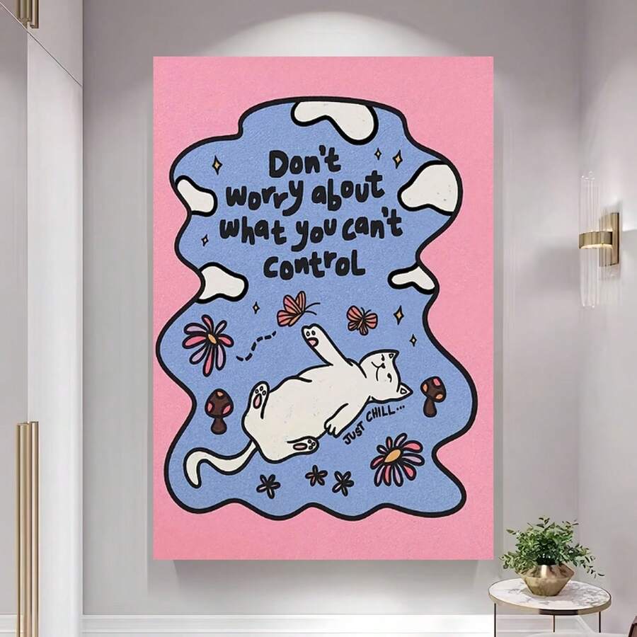 Enmarcado 1 póster de arte mural moderno escandinavo bohemio de 30,48 x 40,64 cm con diseño de gato - Decoración de habitación con mensajes positivos y un lindo gatito, lienzo , ideal para dormitorios, oficinas y habitaciones - Decoración de pared motivacional, diseño plano 2D, perfecto para decorar cualquier habitación. - Enmarcado - Ver 1
