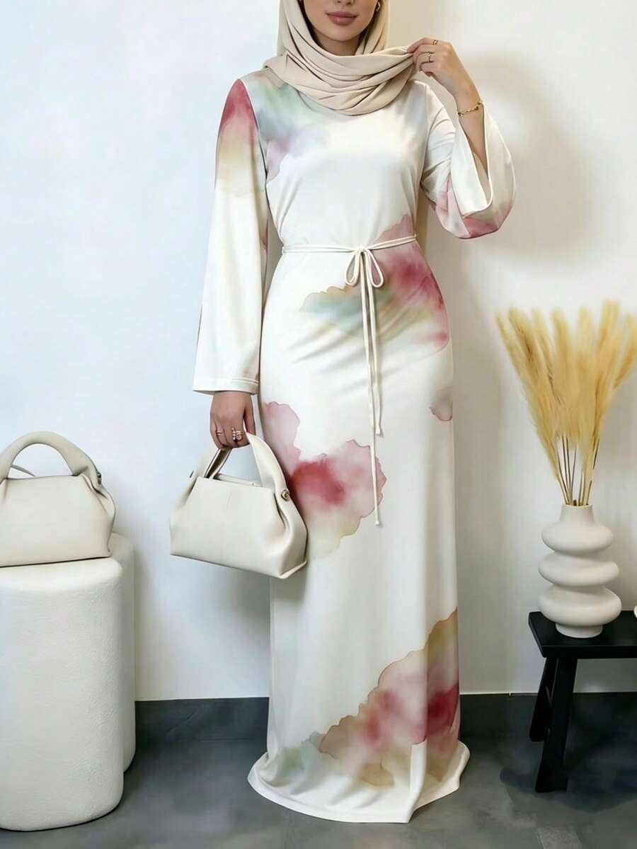 Vestido Abaya Elegante, Elástico, Mangas Largas Acampanadas, Estampado Abstracto Rosa - Rosa - Ver 1