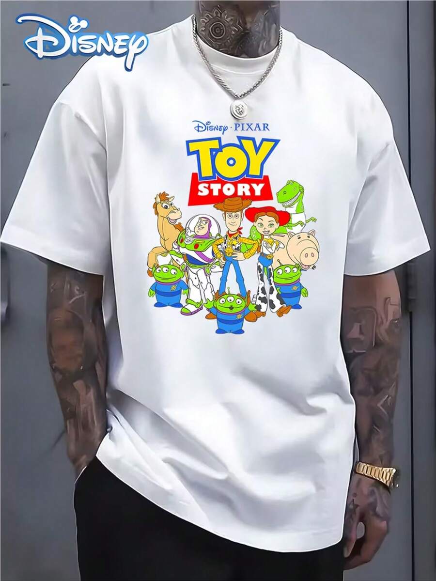 Disney Genuine Authorization, Toy Story Full Assembly Classic Pattern Printing, Men's Short-Sleeved T-Shirt, Round Neck Design, Machine Washable, Comfortable And Casual Wear, Men's T-Shirt. - 白色 - 查看 1