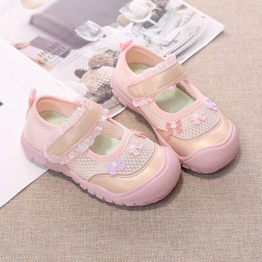 Toddler Girls' Ballet Style Princess Shoes, Summer Mesh Breathable Non-Slip Soft Bottom Hook And Loop Closed Toe Shoes - Pink - View 1