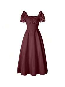 Medieval Renaissance Victorian Peasant Retro High Waist Short Sleeve Costume For Women - Deep Red - View 1