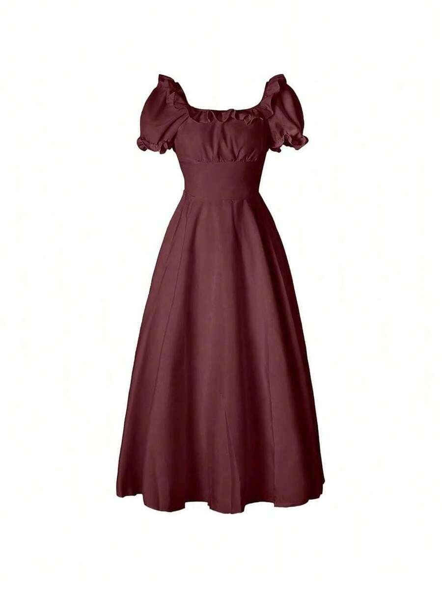 Medieval Renaissance Victorian Peasant Retro High Waist Short Sleeve Costume For Women - Deep Red - View 1
