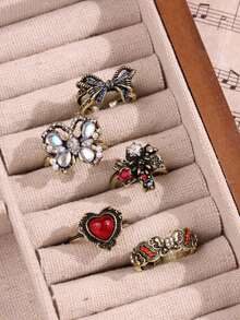 Set de 5 anillos con piedras preciosas falsas y rhinestones de estilo vintage y elegante, un regalo de joyería versátil y de alta gama para mujeres - Multicolor - Ver 3