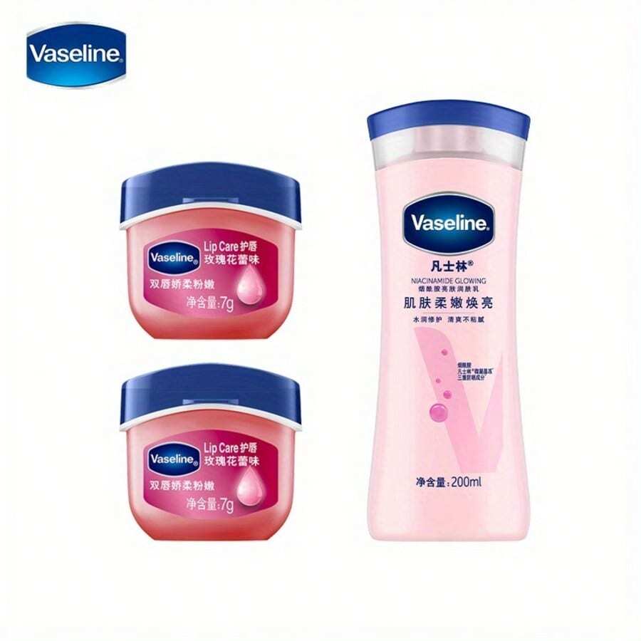 200ml Vaseline Niacinamide Whitening Body Lotion + Lip Care Set (Romantic Cherry Blossom And Rose) - Moisturizing, Non-Greasy, Soft And Smooth Set