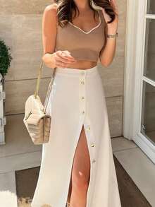 QUNGIGU Chân váy maxi xẻ tà cạp cao tối giản dành cho nữ, thiết kế cổ điển với cúc cài, thích hợp cho kỳ nghỉ hoặc đi biển. - trắng - Xem 5