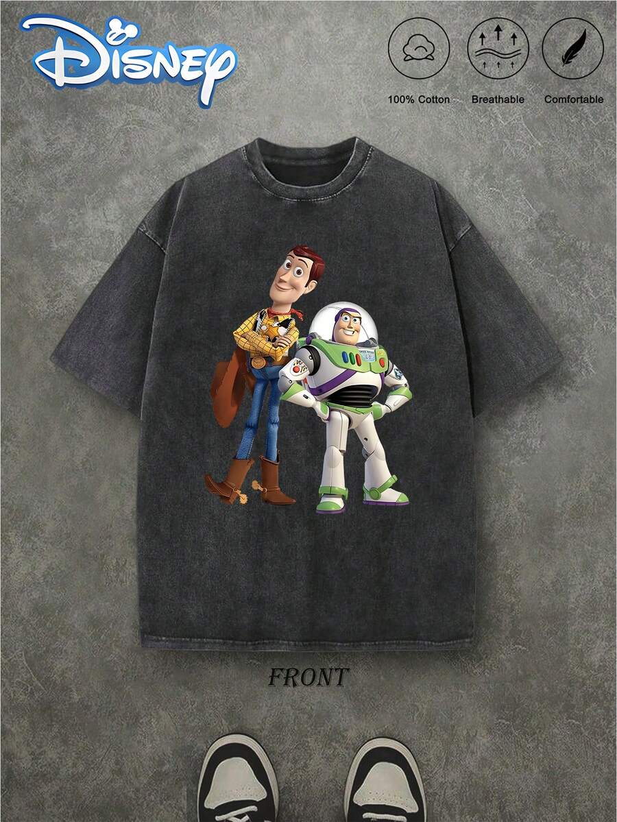 Men'S T-Shirt Featuring A Disney-Licensed Print Of Toy Story'S Woody And Buzz Lightyear, Made From Heavyweight 100%. It Has A Vintage Washed Appearance, A Loose Fit, And Short Sleeves, Making It Soft, Comfortable, And Perfect For Casual Outings - màu đen - Xem 1