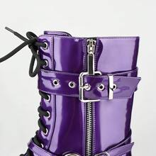 ElegaStep Punk  Goth  Y2K    Lace Up    Combat Boots  Party    Chunky Heel  Steampunk  Harness Motorcycle Biker Boots  Mid Calf  Lug Sole  Side Zipper - Màu tím  Violet - Xem 10