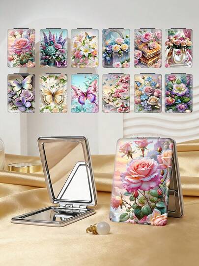 1pc Romantic European Style Portable Folding Makeup Mirror, Lightweight & Slim, Durable PU Leather, Suitable For Travel, Gatherings, Work, School, Suitable For All Ages