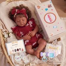 20 Inch Lifelike Reborn Black Baby Girl Doll, Realistic Sleeping Newborn With Soft Cloth Body, Brown Curly Hair And Red Daisy Outfit, Baby Doll Set With Gift Box, Magnetic Pacifier, Bottle, 2 Rattle Toys, Diaper And Birth Certificate, Doll Gift For Kids 3+, Playtime, Display And Collection - Multicolor - View 1