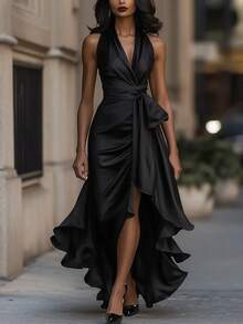 Best-Selling  Elegant V-Neck Irregular Women's Ruffle Dress With Slim Fit Flared Hem For Summer Parties - 黑色 - 查看 12