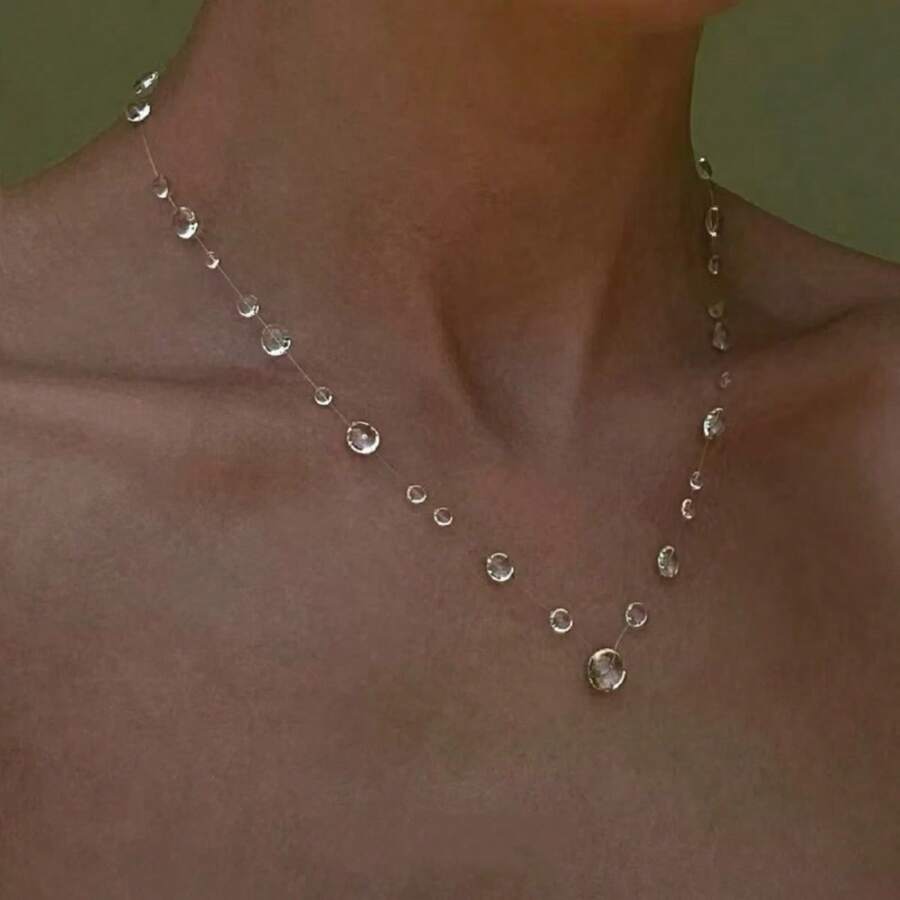 1pc Elegant Teardrop Transparent Bead Double-Layer Necklace For Women - V-shape - View 1