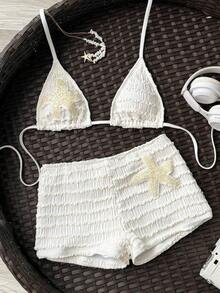 Nuevo conjunto de 2 piezas de traje de baño de verano para mujer con pantalón de pierna recta, top halter con estampado de tela texturizada multicolor con decoración de estrellas de mar, para vacaciones en la playa - Albaricoque - Ver 2