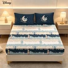 Disney 3Pcs Cozy Lilo Stitch Crescent Moon Graphic Fitted Sheet And 2 Pillowcases Relaxing Wavy Cloud Stripe Bedding Set - Fitted Sheet Set - View 1