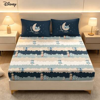 Disney 3Pcs Cozy Lilo Stitch Crescent Moon Graphic Fitted Sheet And 2 Pillowcases Relaxing Wavy Cloud Stripe Bedding Set