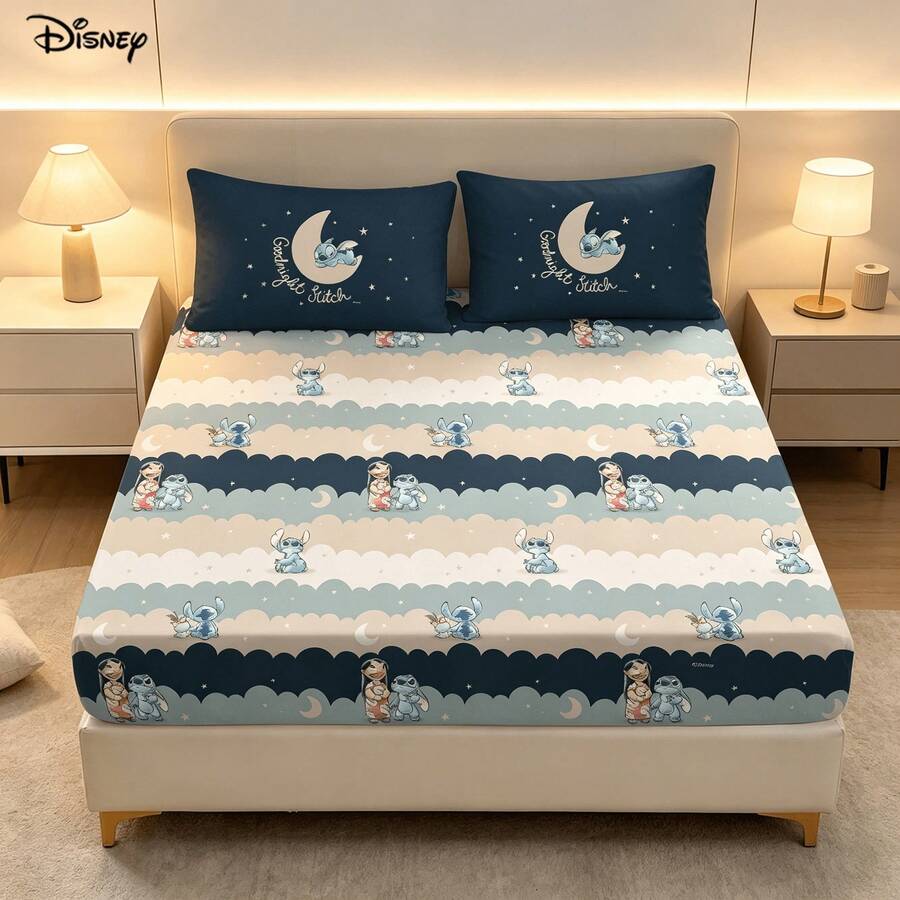 Disney 3Pcs Cozy Lilo Stitch Crescent Moon Graphic Fitted Sheet And 2 Pillowcases Relaxing Wavy Cloud Stripe Bedding Set - Fitted Sheet Set - View 1