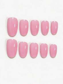 24pcs Medium Oval Pink False Nails, Elegant & Fashionable, Includes 1 Adhesive Sticker And 1 Random Mini Nail Strip, Suitable For Women And Girls - Pink - View 4