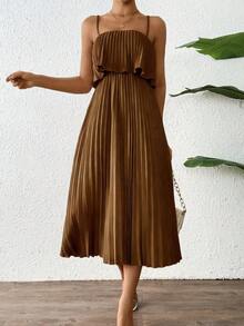 Vestido Midi Marrón Tirantes Finos con Pliegues, Estilo Casual - Marrón - Ver 7