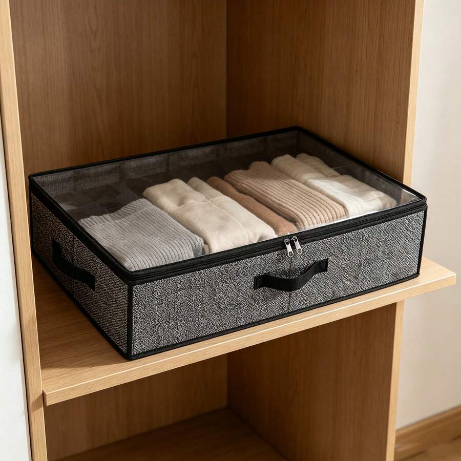 1pc Foldable Fabric Shoe Storage Box With Transparent Lid And Dual Handles, Large Capacity Dust-Proof Shoe Container. Simple Space-Saving Design, Suitable For Bedroom, Wardrobe, Dorm, All-Season Practical Household Shoe Storage Solution - Dark Grey - View 1