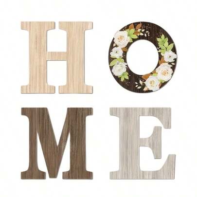 Juego de 4 piezas de decoración de pared con letras "HOME" de tono de madera rústica, elementos florales de rosa blanca, letras de madera planas 2D, decoración de ambiente cálido para dormitorio, sala de estar, cocina, baño, decoración del hogar única, regalo de Navidad perfecto