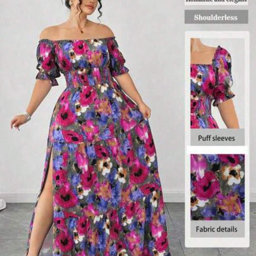 Auvina Plus Size Women's Spring/Summer Blue Solid Faux Denim Shirred Ruched Waist Elegant Casual Maxi Dress With Side Slit - Rosa Fucsia - Ver 1