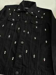 pthirillo Women's Black Denim Jacket Maxi Oversized Denim Black Cotton Long Sleeve Premium Street Style Retro Casual Loose Fit With Pockets Cowboy Style Show Pearls | Basic - 水滴和水鑽 - 查看 2