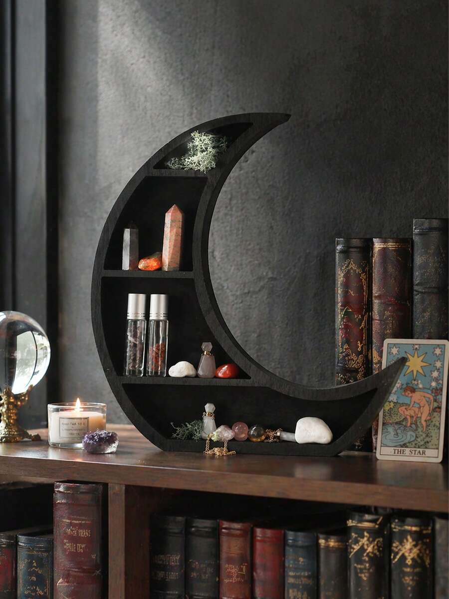 1pc Black Crescent Wooden Shelf, Starry Sky Crystal Display Rack, Bohemian Style Witchcraft Display Shelf, Mysterious Lunar Phase Storage Rack, Gothic Altar Rack, Suitable For Crystals, Essential Oils, Small Decorations, Mysterious Home Decor, Dark Academia Style Room Decor, Floating Crescent Shelf, Suitable Gift For Crystal Collectors And Witches, Rustic Style Decor - Multicolor - View 1