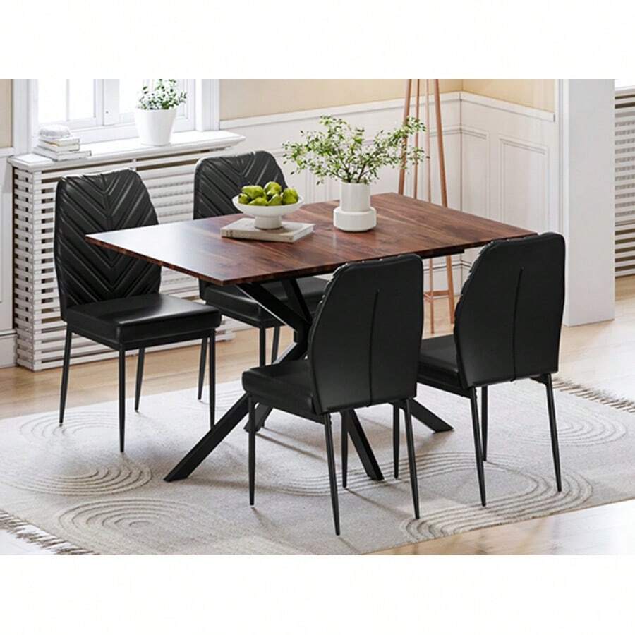 Extendable Dining Table And Chairs Set Of 4, 120cm Wood Grain Rectangular Kitchen With 4 Black High Back PU Dining Chairs, Modern Dining Table Set For Home/Kitchen