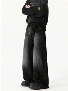 青少年/男孩宽松工装口袋阔腿休闲牛仔裤 - 黑色 - 查看 3