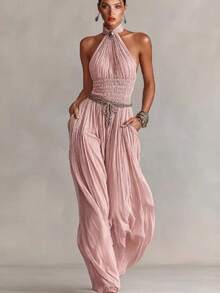 Women's Fashion Neck Sleeveless Top Waist Pleated Cable Wide Leg Trousers Jumpsuit Elegant Sexy Casual - 粉色 - 查看 1